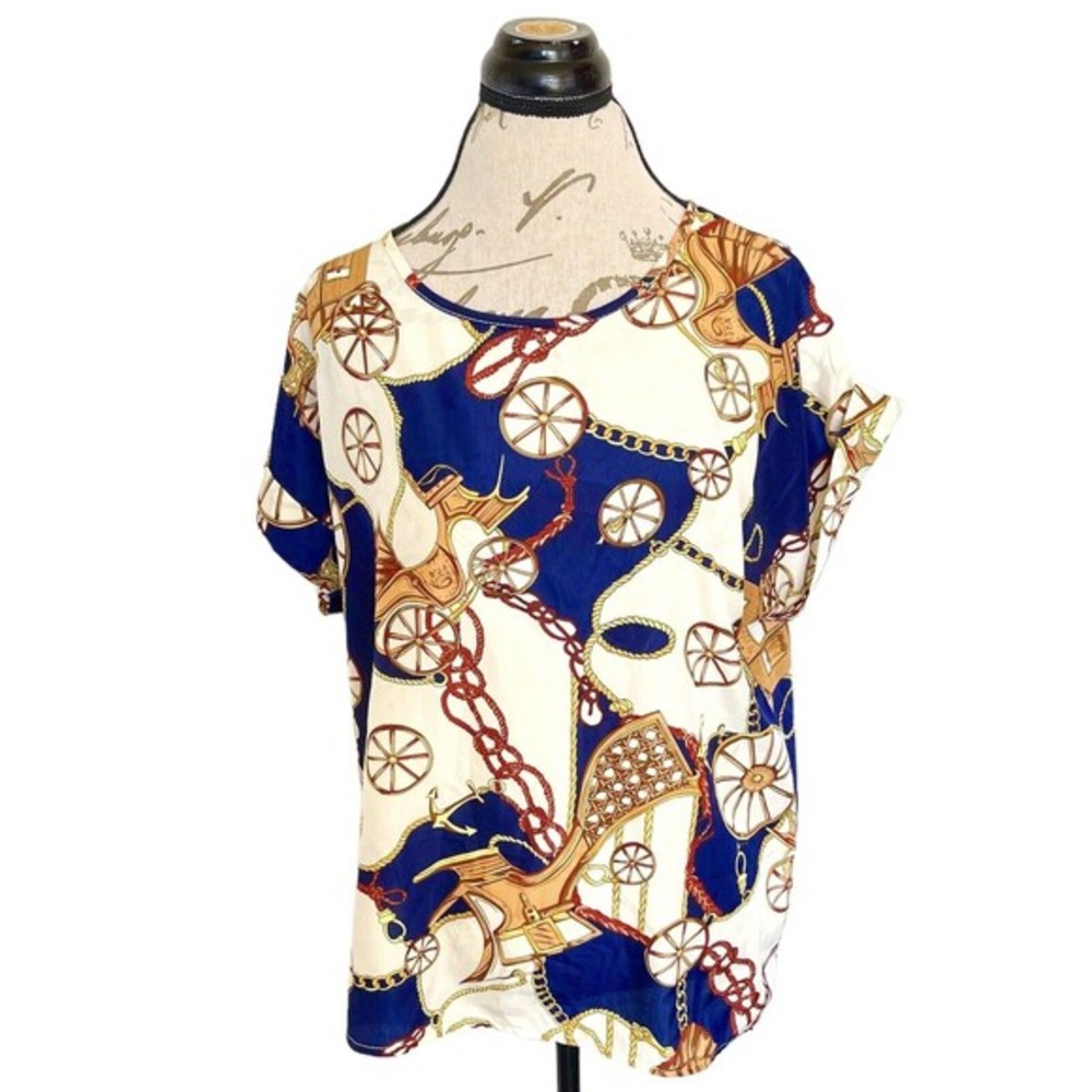 Liva Girl Blouse Printed Chain Size XXL Short  Sleeve Roll Up Dressy Polyester